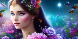 bright fairy, beautiful portrait, flowery landscape