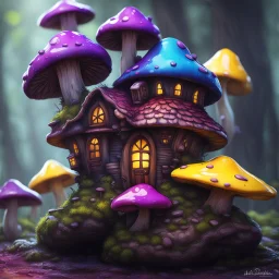 A weird mushroom house with drippy spots on a floating space island. black blue purple yellow. Detailed gloss Painting, rich color, fantastical, intricate detail, splash screen, hyperdetailed, insane depth, concept art, 8k resolution, trending on artstation