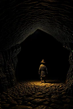 character in semi-darkness, on the scree cone of an underground room dimly lit by daylight coming from a well located forty meters above.