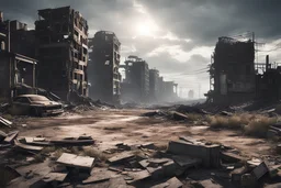 a wasteland after a nuclear apocalypse. judgement day. ruins. Hyperrealism, breathtaking, ultra realistic, unreal engine, ultra detailed,, cinematic lighting, highly detailed, stunning environment