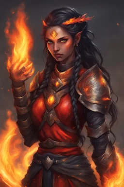 Capture the fierce essence of a female Paladin Druid, her eyes resembling fiery orbs, shining with a bright and intense red glow as she adeptly conjures flames with her hands. Bright black, half-braided hair appears to dance like flames when moved, radiating an ethereal fire. Clad in lightweight magical armor, she forgoes heavy protection, relying on her mastery of magic and fire. A prominent scar on her face tells tales of battles faced and conquered, all against the canvas of her tanned skin