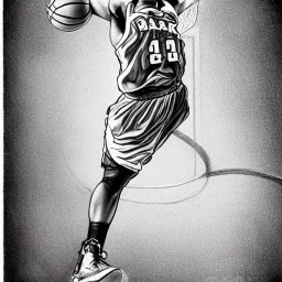 Realistic, drawing, black and white, basketball player, slam dunk