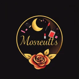 A circular logo designed for a cosmetics store with the symbol of the moon, which is decorated with cosmetics and nail polish, lipstick, body spray, and with a rose at the bottom, and gold, black, red, pink, and red colors are used in it.