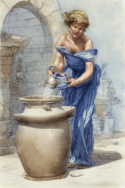 A woman in an ancient Roman dress pours water from an amphora into a pot in a blue and white bathroom, by Jean-Baptiste Monge, watercolour and ink, highly detailed, award winning, crisp quality in sunshine