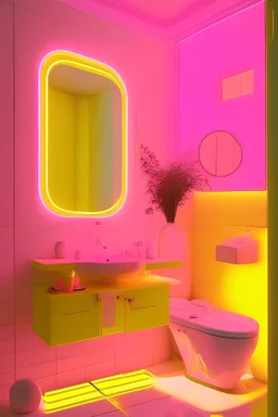 Bathroom, yellow walls, transparent glass furniture, modern, LED pink lighting, modern art, cool vibes, toilet, sink