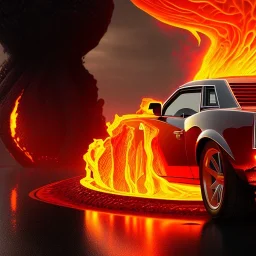 sweeping view of detailed phong shaded rendering of a car made of only molten lava, headlights, bumpers, whole car is lava