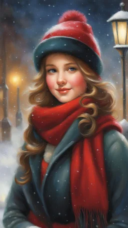 Painting of a cute girl in a red hat and scarf, snowfall in the background, bright night, by Thomas Kinkade