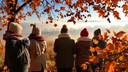 Autumn: falling leaves, Misty mornings, fog over distant fields or forests, sunshine; people wearing scarves, woolly hats, gloves, holding mugs of steaming hot drinks; chestnuts, acorns, berries, rowan, holly, mistletoe; birds migrating; squirrels gathering nuts; beautiful colours, atmospheric. Award winning photograph.