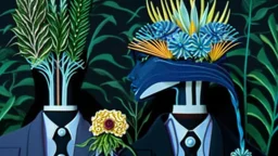 surreal couple in intricate formalwear and growing flowering plants on top of heads; constructivism