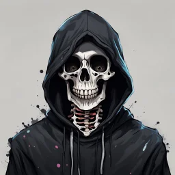 portrait of a Skeleton in a black hoodie, the skeleton is covered in paint, digital painting, cartoon stlye