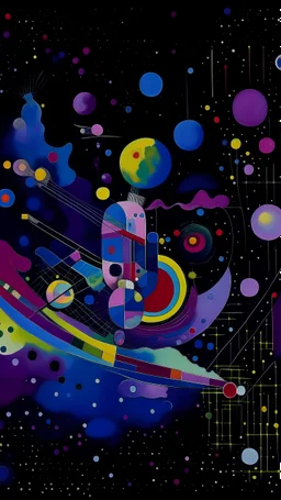 A violet space station surrounded by planets painted by Wassily Kandinsky
