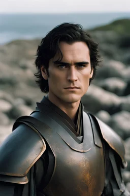 A portrait of Joaquin Phoenix from year 2000, beachy haircut, black hair, on a rocky island, in burnished medieval samurai armor, melancholic and dangerous facial expression