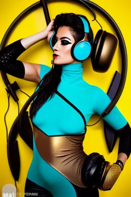 Realistic photograph. Geometric 3D tiling on the background, woman, Whip. Bronze color Yellow Black Cyan. Cyber-punk full-mask. AKG headphones, golden rings & disc. Selfie both hands. Lightly armored, electronic circuit. Thick tights. Thick calves. Curved fell. Wide hip. Flat belly. Ancient artifact cables between. Perfect body. Matrix movie clothes, Silver leather area, tippet, latex. Wicked sneakers. Daft Punk helmet, Tron Movie. Egyptian Haute Couture. 1990's. Light comes from right