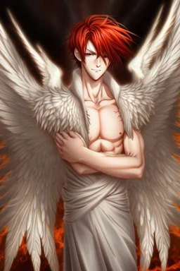 An anime adult male angel with messy red hair, gold eyes, large feathered white wings that looked burned