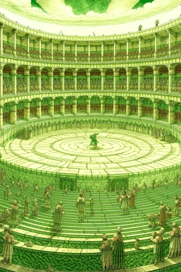 A palish light green circus in a coliseum designed in ancient Roman mosaics painted by Jeffrey Kolker