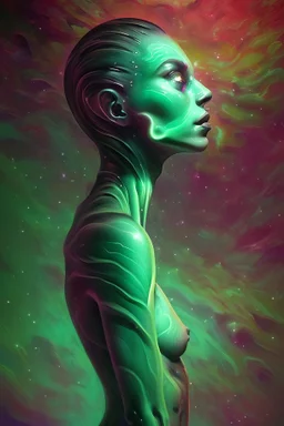 A cosmic cannibal of neon-noir tones, the creature's skin is a mesmerizing blend of deep shadows and eerie glows. In an oil painting, the subject appears to be consuming stars, their elongated limbs reaching out into the void. The image is rich in detail, with swirling galaxies reflected in the creature's glossy eyes and sleek, oily skin. Each brushstroke is expertly executed, capturing the otherworldly essence of this chilling scene in vivid, lifelike detail.