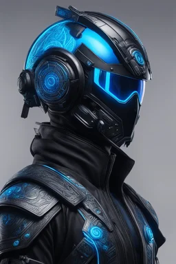 Someone wears a black Changshan costume and glass Cyberpunk helmet , full helmet cover , black and blue color, cyberpunk drawing style, neon, full body, intricate details, highly detailed, high details, detailed portrait, masterpiece,ultra detailed, ultra quality