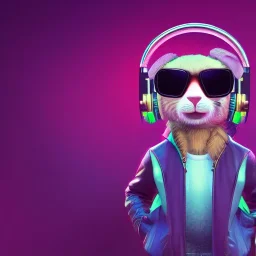 stylized Rabbit, smiling, cyberpunk headphone, sunglass, gangsta gold neckless, full body, magenta puffer jacket, manila city backdrop, dramatic lighting, hyper realistic, unreal engine 5, 16k