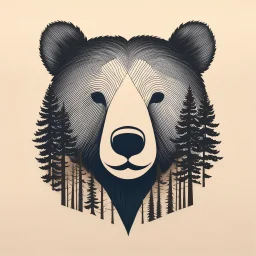 M shaped bear head combined with woods silhouette in background, letterpress style, minimalistic pencil art