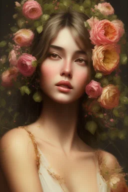 painting of flowers and beautiful girl portrait, scaffolding, decay, wood textured, anatomically correct, beautiful perfect face, sharp focus, highly detailed