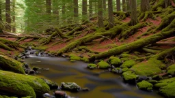 stream running through a rocky clearing in a pine forest