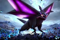 box art legendary dark type pokemon. Chaos. Black and purple colors. big. intimidating.