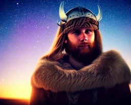 a sad and lonely viking looking up at the stars at night, hyper realistic, 8k, insane detail, atmospheric pastel background, crying eyes, big fur coat, long braided hair, sharp focus, soft background, dynamic lighting, viking helmet