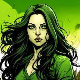 create a comic style portrait of a beautiful young woman with long black wavy hair and green eyes in an apocalypse