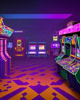 A dark photo of the corners of an 80's aesthetics arcade at night, with a lot of functioning arcade machines, a vaporwave floor and some colorful tiles in between the floor. Purple aesthetics. There are some pizza boxes over some of the arcade machines. The wall has a ticket shop who sells plushies, food and laser tag guns