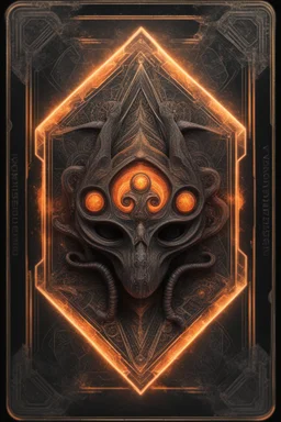 sacred geometry framed playing card, black and orange smoke gremlin with shadows boss card in the style of Giger and fallout 4 ,,bokeh like f/0.8, tilt-shift lens 8k, high detail, smooth render, down-light, unreal engine