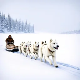 Create an image of sledge dogs that drag a sled in the snowy expanses of Alaska on which sit four Eskimo children dressed in white bear fur coats, the sled makes deep tracks in the snow, in the background of his circle in front of which stands an Eskimo hunter with a catch of fish, afternoon photo, outdoor photo, photo Realistic, 18K, wide lens