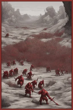 a red battle field with dead orcs