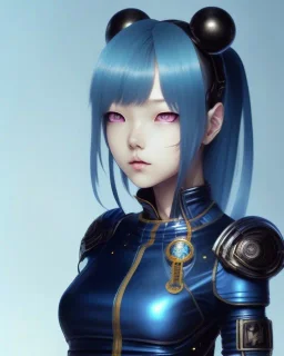 Detailed cute anime Kunoichi girl, blue hair buns, blue bangs, black latex bodysuit, intricate details, full body portrait, keep head in frame, slight smile, black Japanese motif, concept art, highly detailed, digital painting, concept art, sharp focus, illustration, art by Yoji Shinkawa, WLOP and greg rutkowski and alphonse mucha and artgerm and yanjun Chen and Junji ito and Makoto Shinkai, HDR, octane render