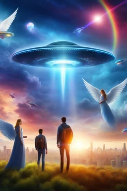 ufo rainbow, cité très futuriste ultra moderne, ufos fleet, intergalactic,angels