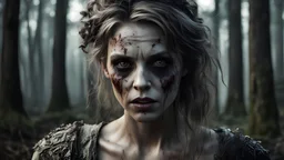 woman Zombie, Detailed Face, Sharp Eyes, Intricate Epic-Moody Woods in the Background, Cinematic, Photorealistic