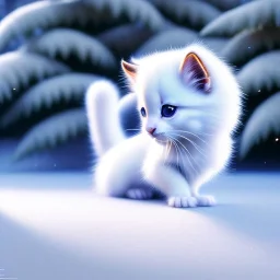 pixar style, volumetric Winter garden environment and background, realistic painting of a cute white kitten laying on the ground, looking excited, detailed digital painting, extreme dense and fine fur, anime, ornate, colour-washed colors, elegant, small minutiae, tiny features, particulars, centered, smooth, sharp focus, renderman gofur render, 8k, uhd, detailed eyes, realistic shaded volumetric lighting, sunlight caustics, backlight, centered camera view