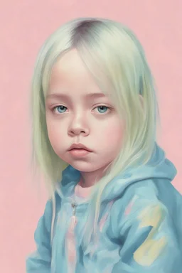 Illustration of billie eilish as a toddler, sleepibg, style of Marcel Marlier, pastel colors
