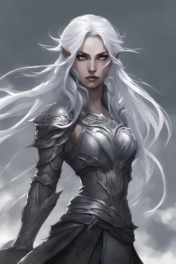 four female elfs with skin the color of storm clouds, deep grey, stands ready for battle. one with white hair and other long black hair flows behind her like a shadow, while her eyes gleam with a fierce silver light. Despite the grim set of her mouth, there's a undeniable beauty in her fierce countenance. She's been in a fight, evidenced by the ragged state of her leather armor and the red cape that's seen better days, edges frayed and torn. In her hands, she grips two swords