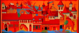 An orangish red village with a fiery dragon palace designed in medieval tapestry painted by Stuart Davis