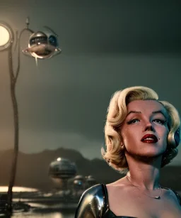 Ultra Realistic retro sci-fi 1960 scene, waist up view portrait, blonde woman, sweet young Marilyn Monroe face, perfect iris, tight latex coat, alien planet background, tight style, steel sphere dron levitating, fog, rain, soft color, highly detailed, unreal engine 5, ray tracing, RTX, lumen lighting, ultra detail, volumetric lighting, 3d, finely drawn, high definition, high resolution.