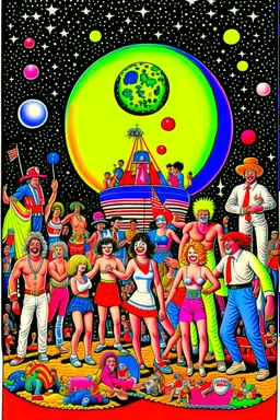 party in 80's with circus on the moon full