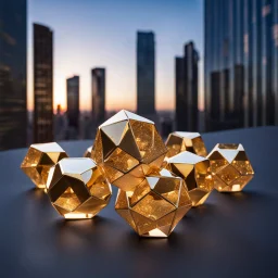 16 crystal Dodecahedrons in 4 x 4 x 4 set , the golden modern city escape in background .Dodecahedrons sudenly colapsing and falling to floor .