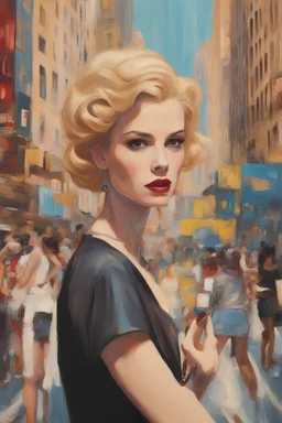Grace Kelly of lovely bombshells punk girl style oil painting Gustav Klimt style, dream, symptom, image in the background in the city artgerm display Andy Warhol style artgerm display in the 20 th century New York City. New York was like an adventure , and the city itself seemed like a big illusion, full of light and shadows.