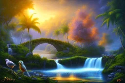 island waterfall palms twigs spring sunset bridge birds