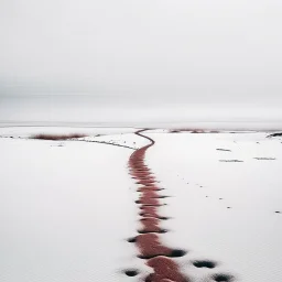 A striking hyper-minimalist photograph of a vast, snow-covered field on an overcast day. The barren landscape is dominated by a monochromatic color palette, with only a crimson tinged snow angel imprint with footprints visible in the snow. The long view stretching out before the viewer creates an overwhelming sense of isolation and desolation, inviting contemplation on the beauty of nature's starkness