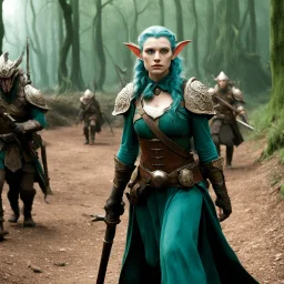 (Monthy python and Pan's Labyrinth (2006)) heavily armed female elf on the march, rusty and dusty with a sharp pole arm