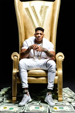 NLE Choppa sitting on a money throne with a military behind him