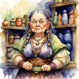 fantasy, watercolour, illustration, portrait, dwarf woman, sturdy, shopkeeper