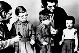 a photo of child-like Simone de Beauvoir and child-like Jean-Paul Sartre meeting child-like Che Guevara who is lighting a cigar for child-like Jean-Paul Sartre