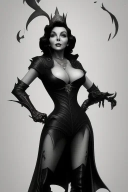 Joan Collins as evil queen in black leather, leather, busty, cleavage, angry, stern look. character design by cory loftis, fenghua zhong, ryohei hase, ismail inceoglu and ruan jia. unreal engine 5, artistic lighting, highly detailed, photorealistic, fantasy